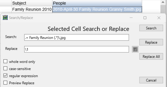 Photo Sieve searcg/replace screen shot